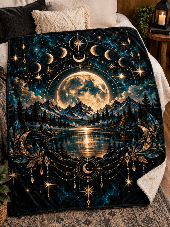 Mystical Moon Phases Celestial Mountain Sherpa Fleece Blanket