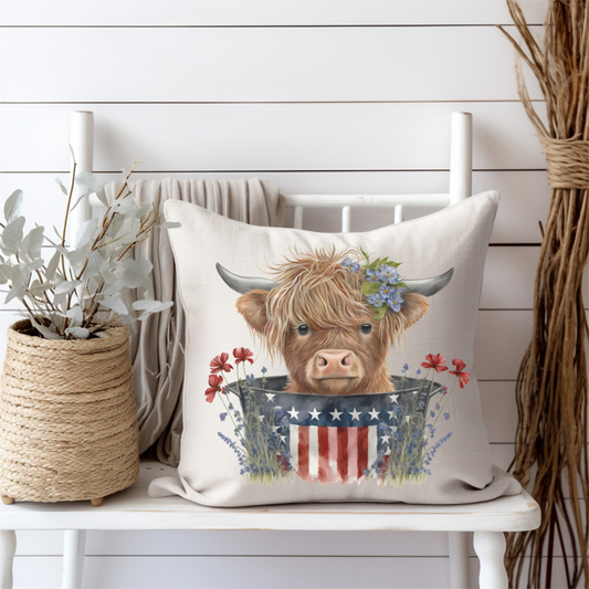 Patriotic Highland Cow Decorative Pillow