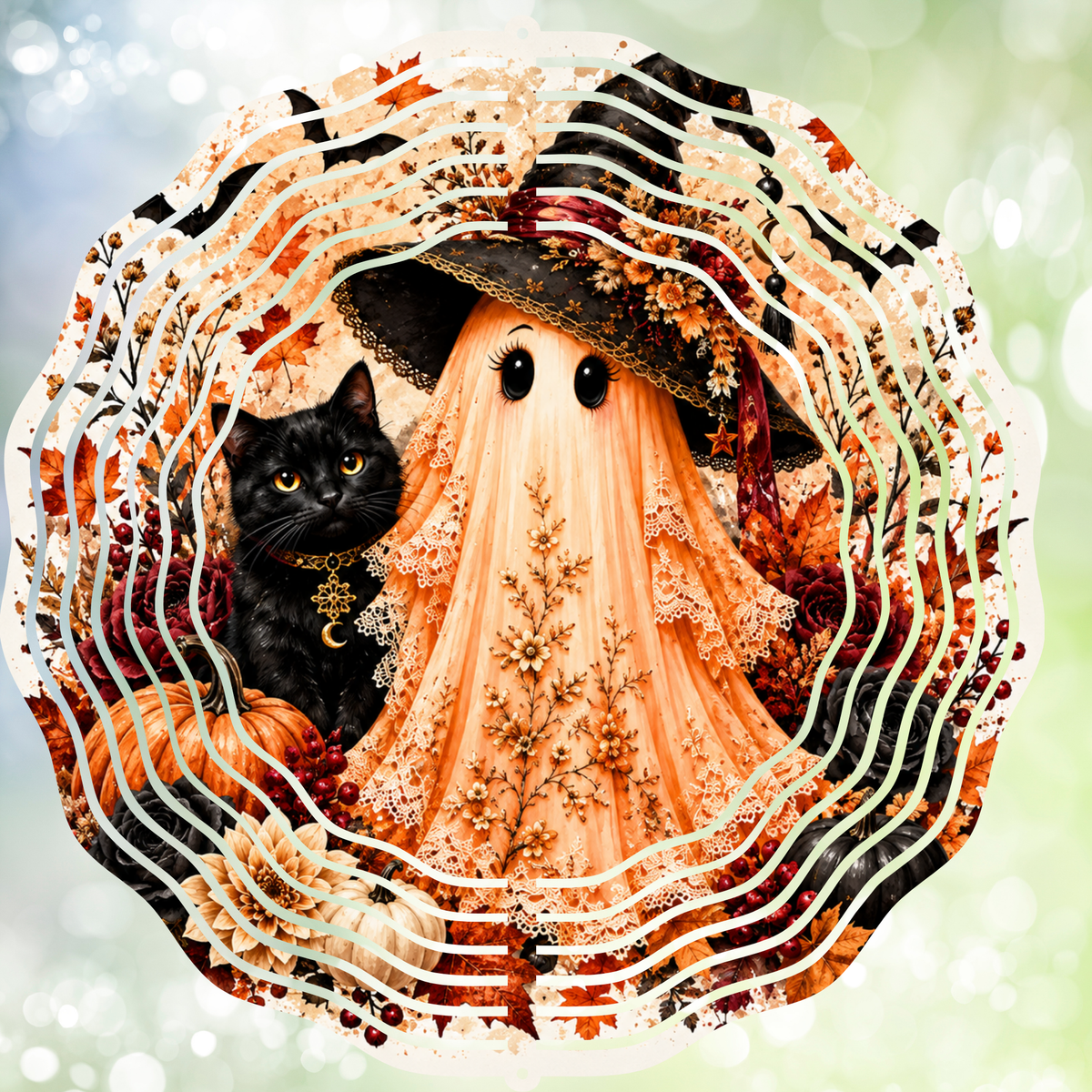 Autumn Witch Ghost & Black Cat Wind Spinner