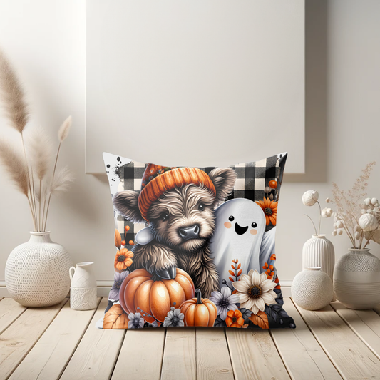 Fall Highland Cow & Ghost Pillow