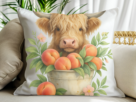 Highland Cow & Peaches Pillow