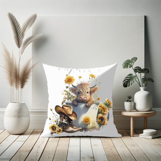 Sunflower Highland Cow Decorative Pillow