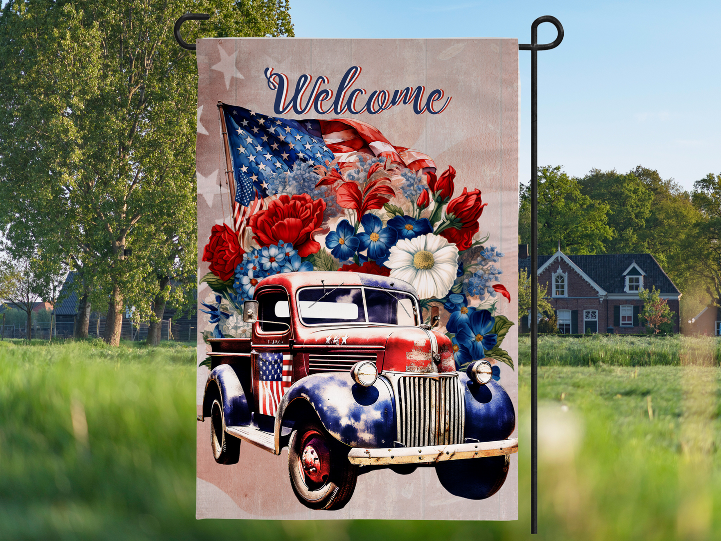 Vintage Patriotic Truck Garden Flag