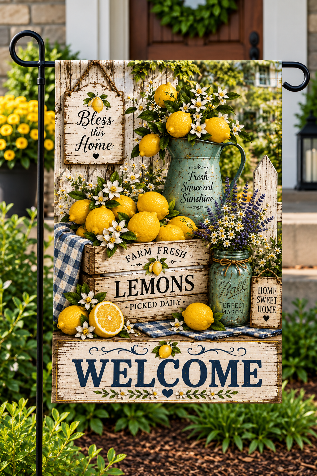 A decorative garden flag displayed on a black metal stake in a garden setting. The flag features a rustic lemon-themed design with lemons, white daisies, blueberry bushes, and vintage-style wooden signs reading 'Bless this Home', 'Farm Fresh Lemons', 'Welcome', and 'Home Sweet Home'.