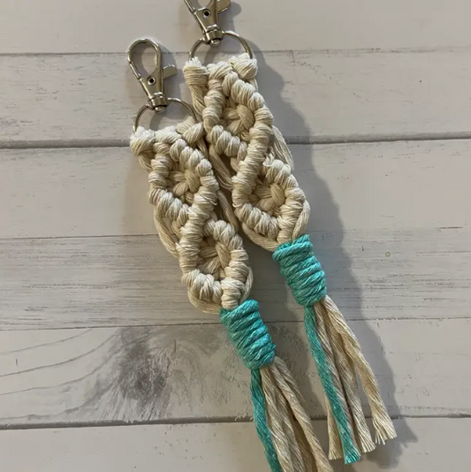Blue boho macrame keychain