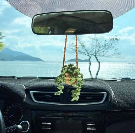 rear view mirror hanging plant Crochet Car Plant Hanging Decor – Marcie's SubtleCrafts & More