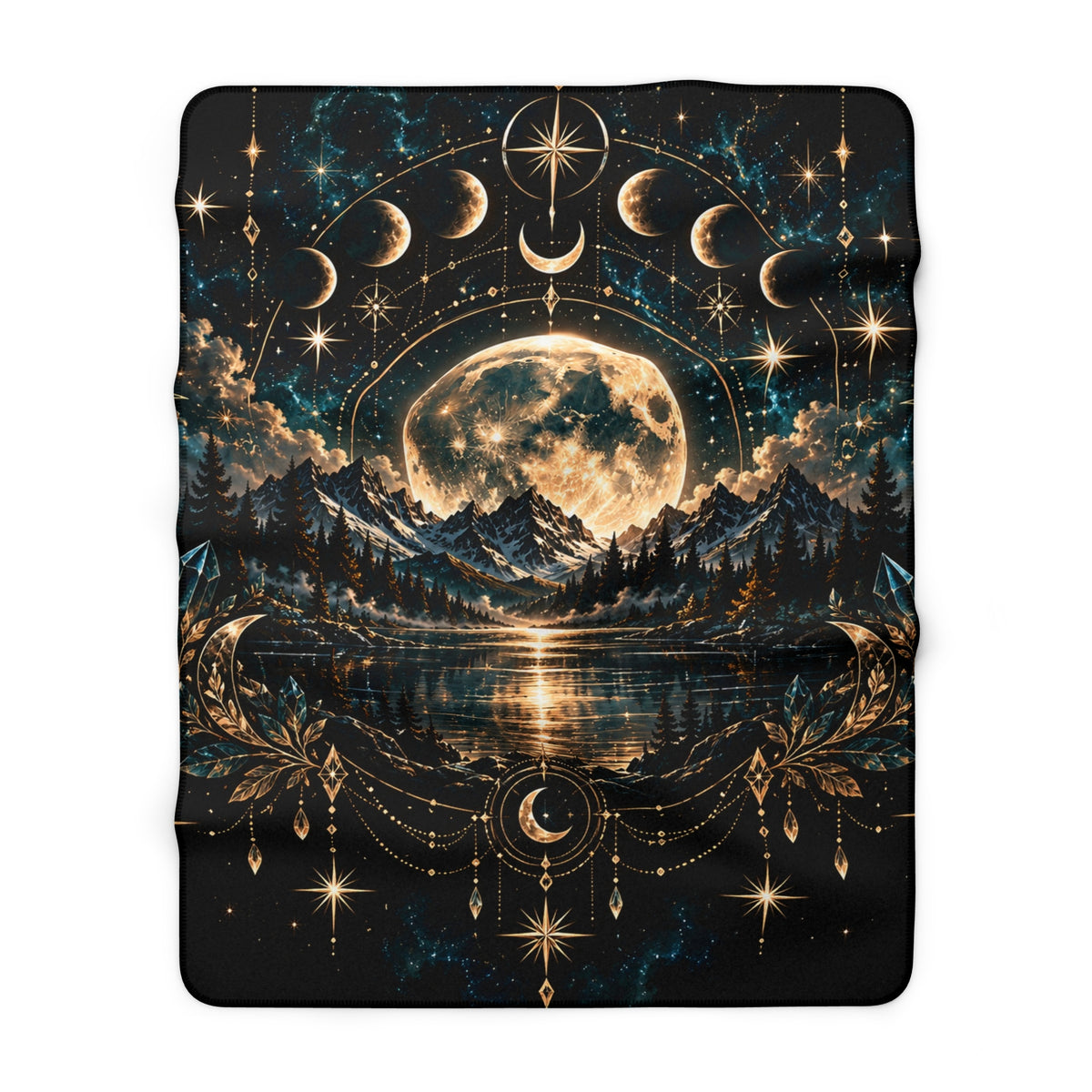 Mystical Moon Phases Celestial Mountain Sherpa Fleece Blanket