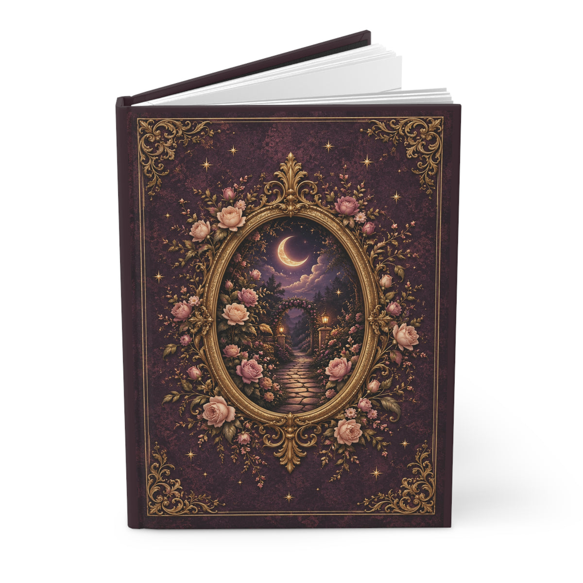 Moonlit Garden Journal — Lined Hardcover Notebook with Vintage Floral Frame