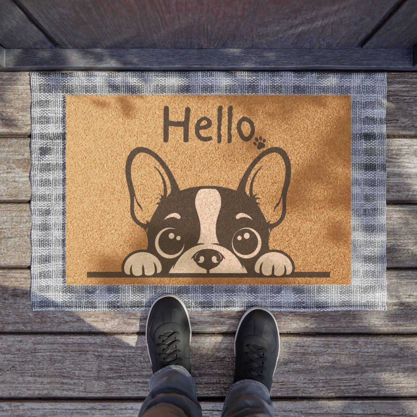 Hello French Bulldog Doormat — Cute Peeking Pup Welcome Mat