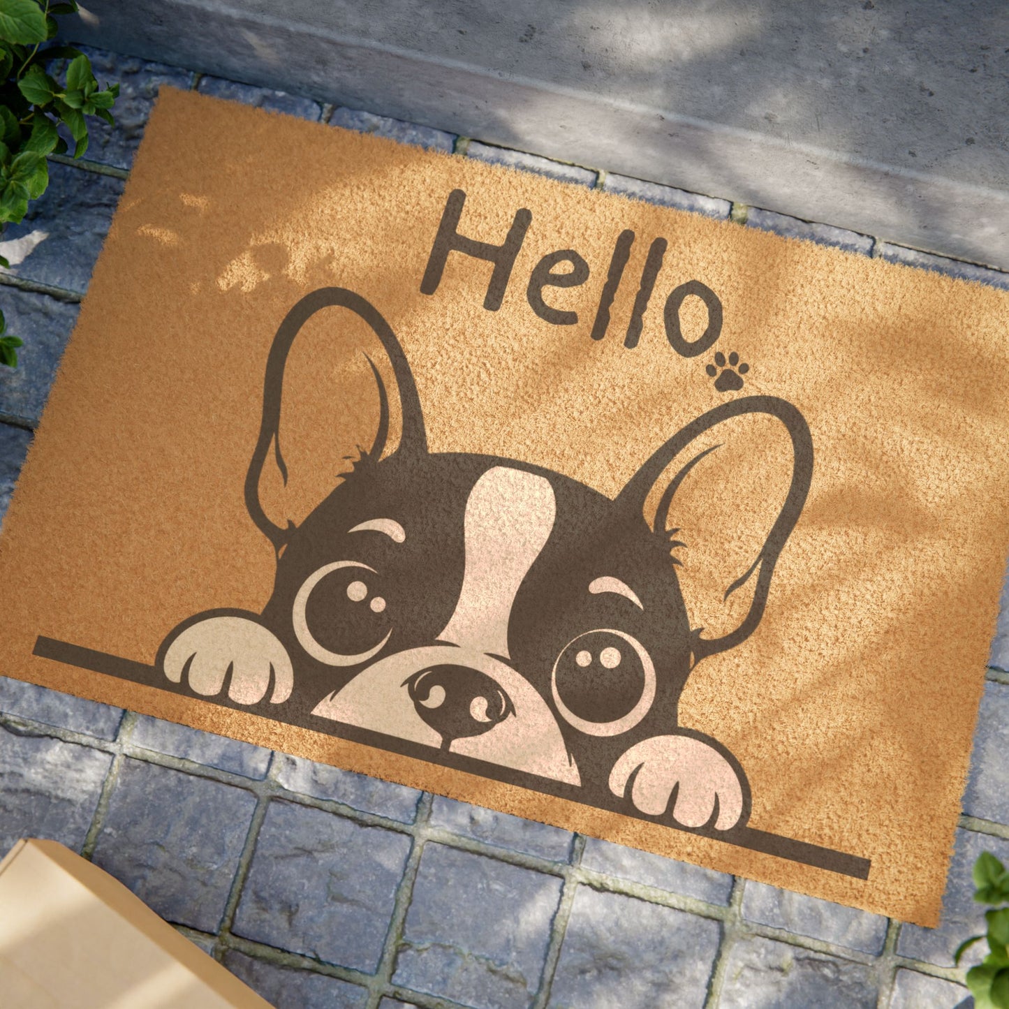 Hello French Bulldog Doormat — Cute Peeking Pup Welcome Mat