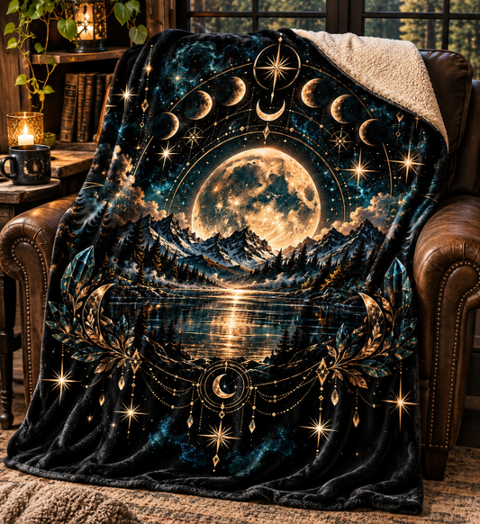 Mystical Moon Phases Celestial Mountain Sherpa Fleece Blanket