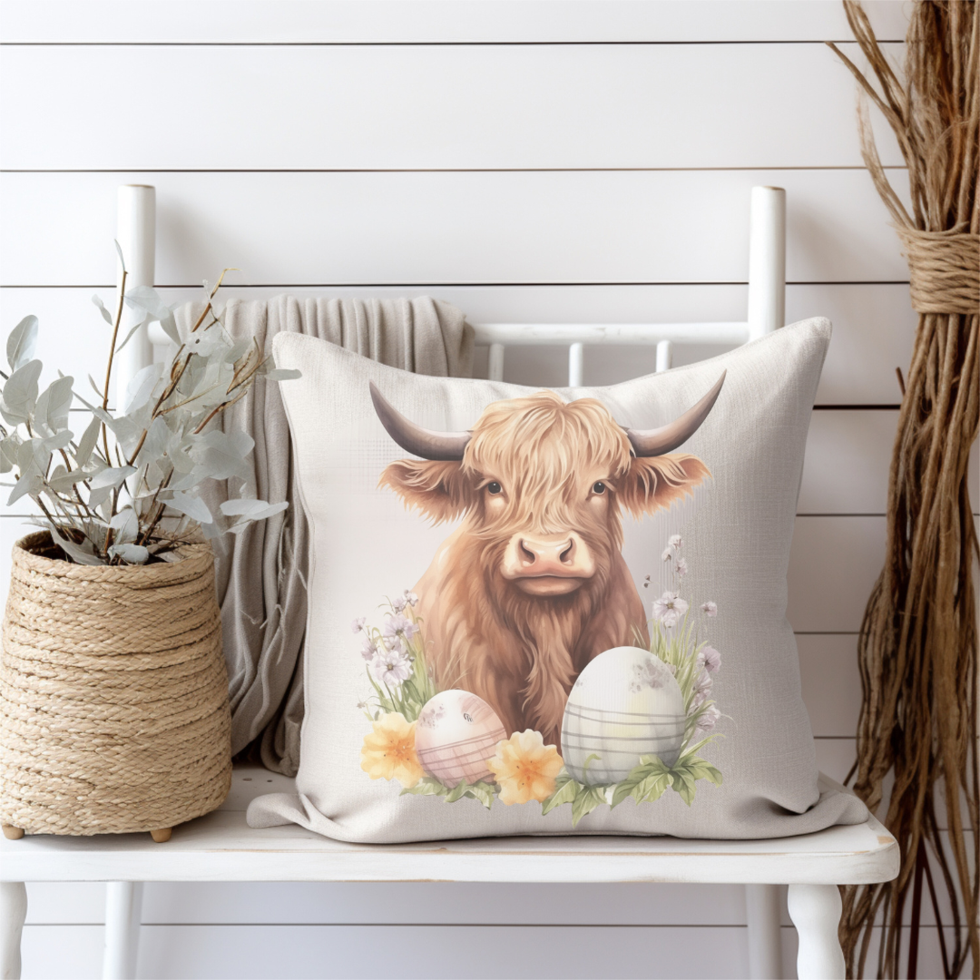 Farmhouse Easter Highland Cow Pillow