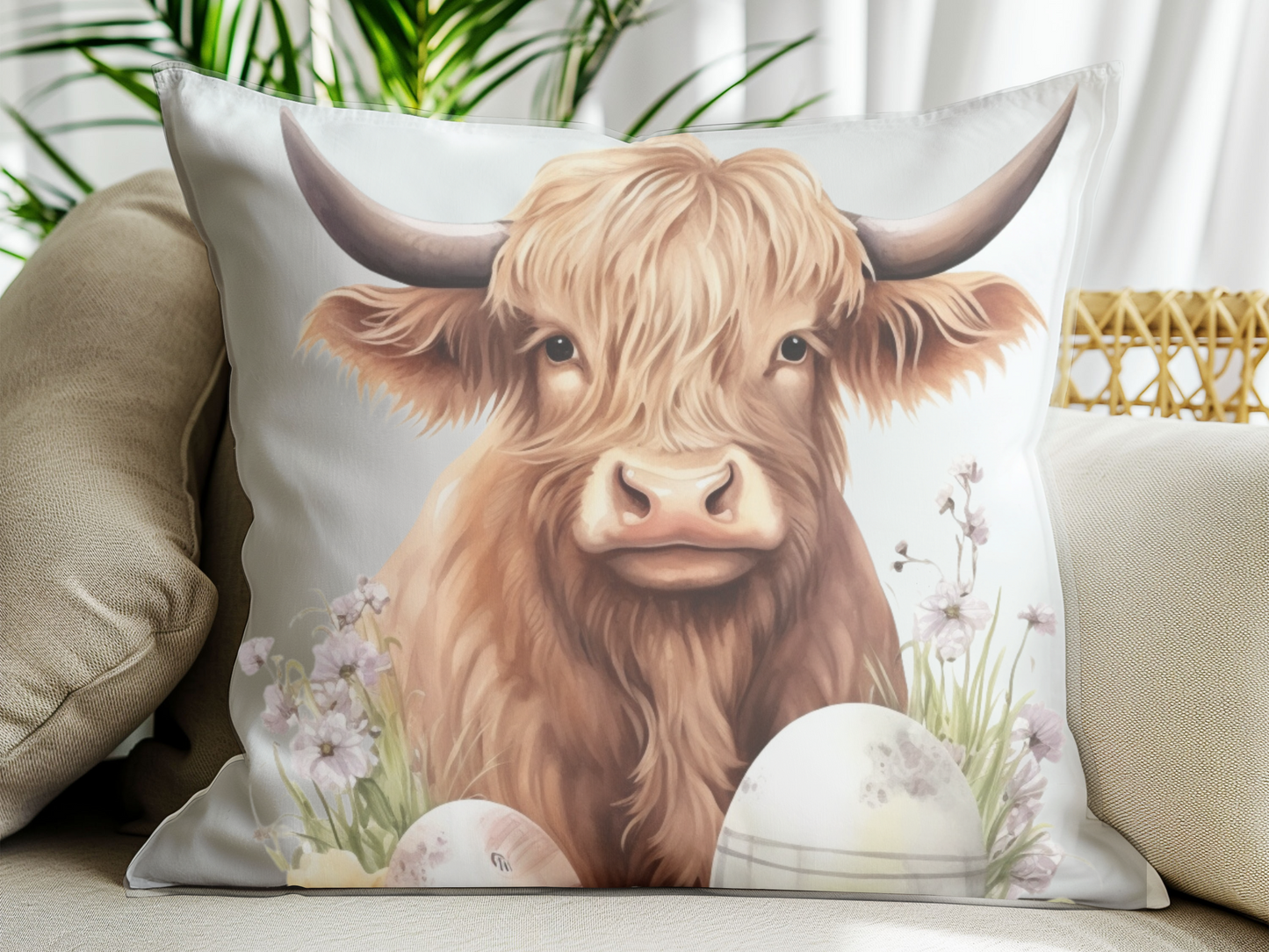 Farmhouse Easter Highland Cow Pillow