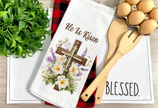 He Is Risen Floral Cross Kitchen Towel