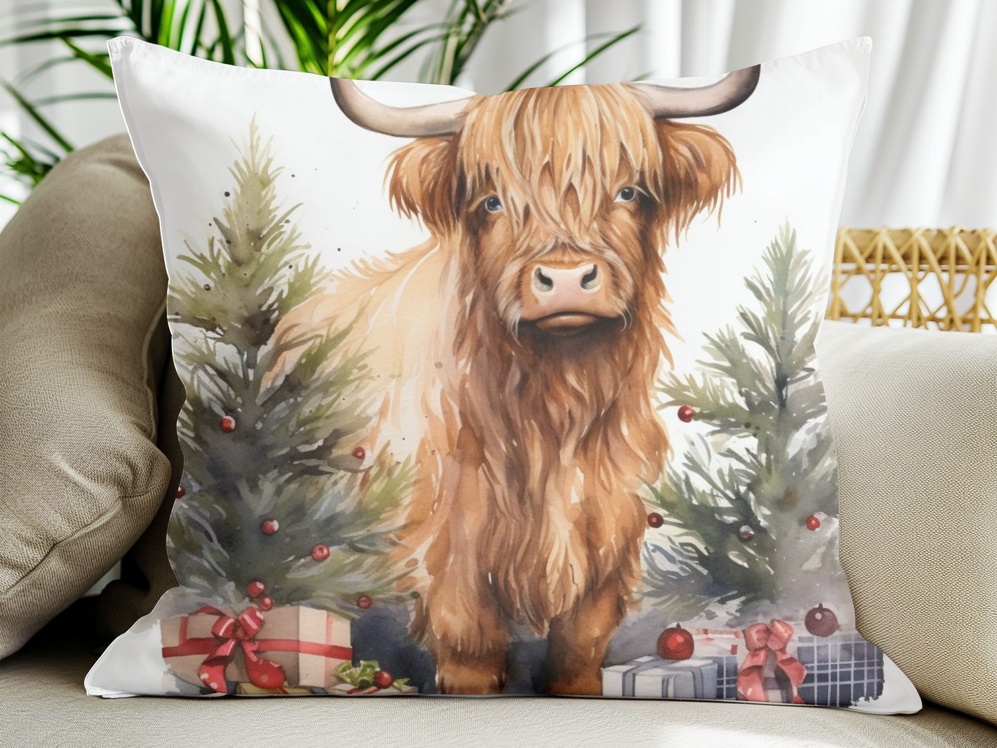 Holiday Highland Cow Christmas Pillow