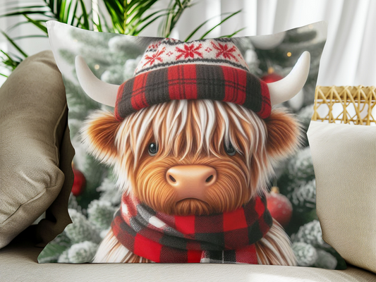 Snowy Highland Cow Pillow