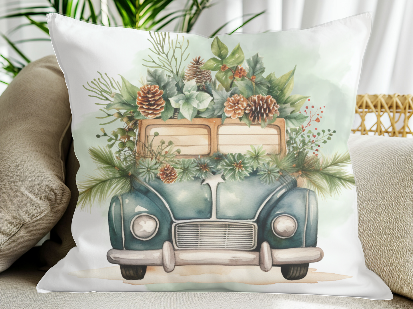 Snowy Rides Vintage Green Truck Pillow