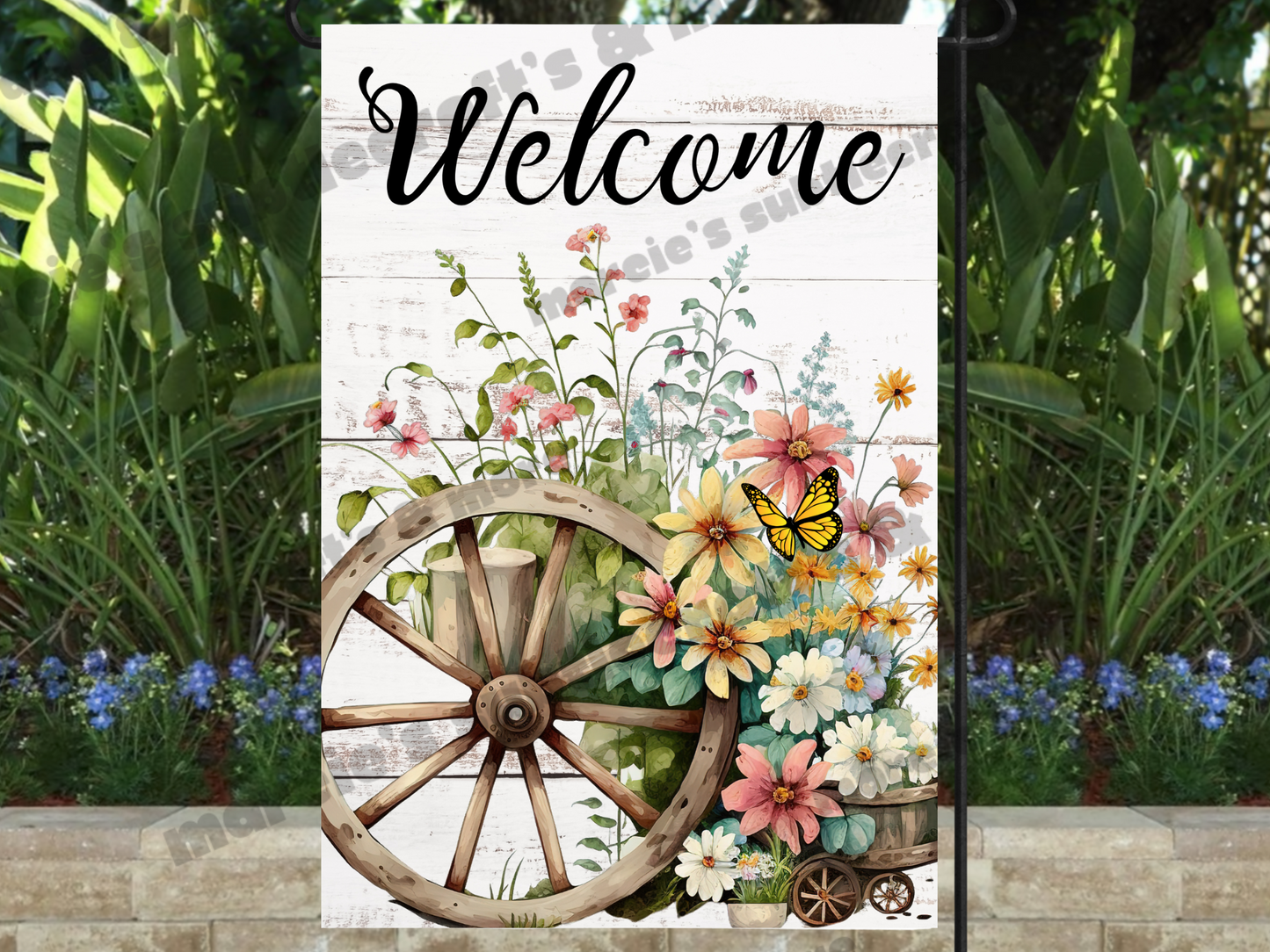 Garden Flag with spring flowers and wagon wheel