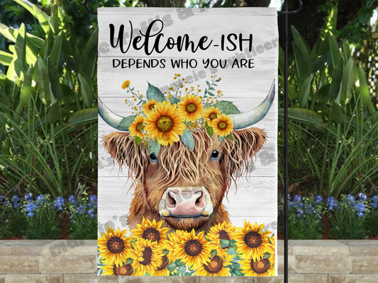 Welcome-ish Highland Cow Garden Flag