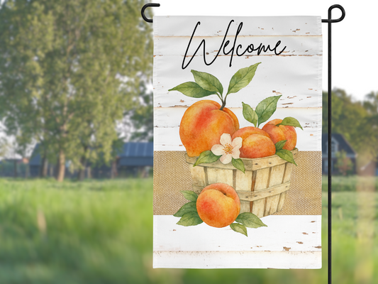 Rustic Peach Basket Welcome Garden Flag