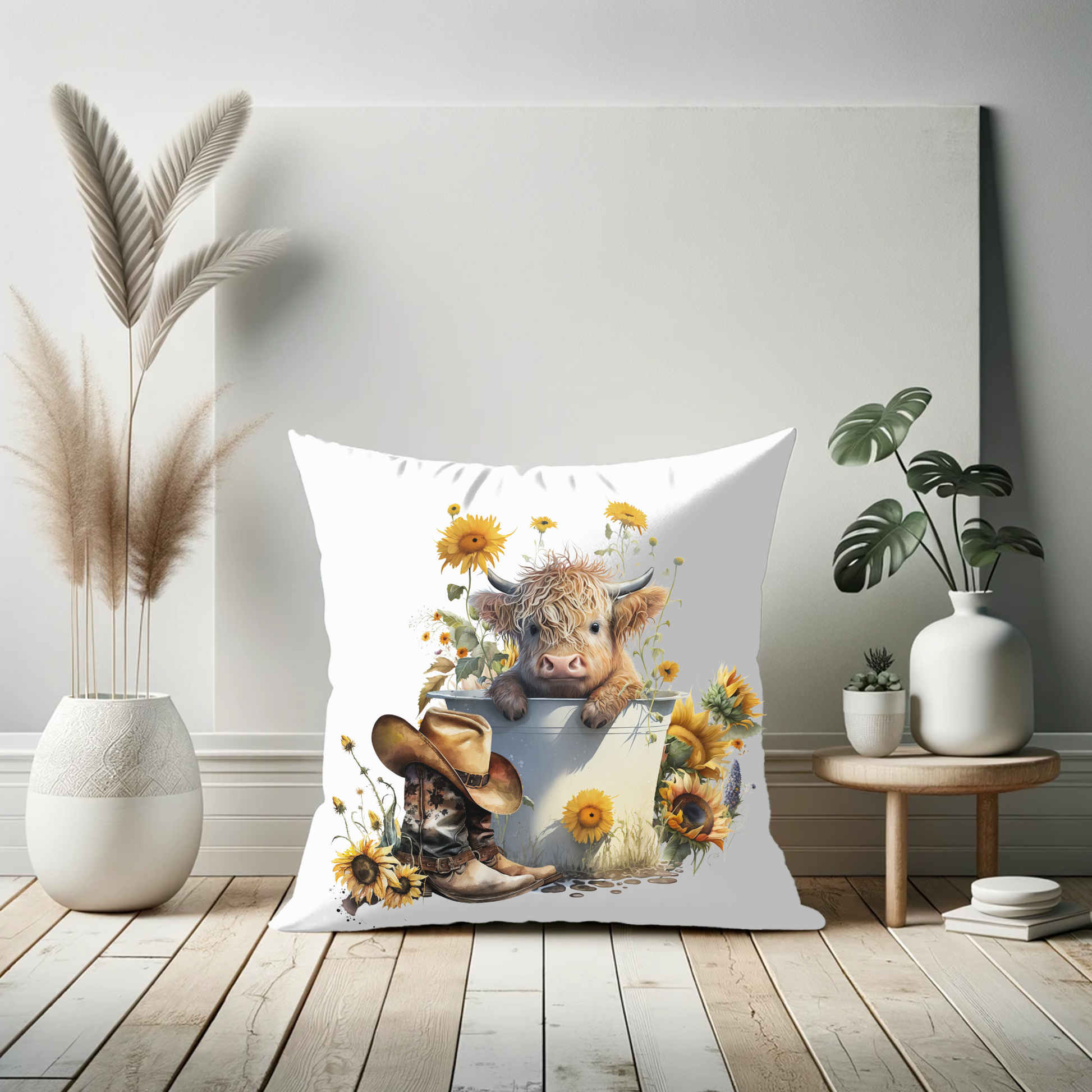 Highland Cow Sunflower Pillow