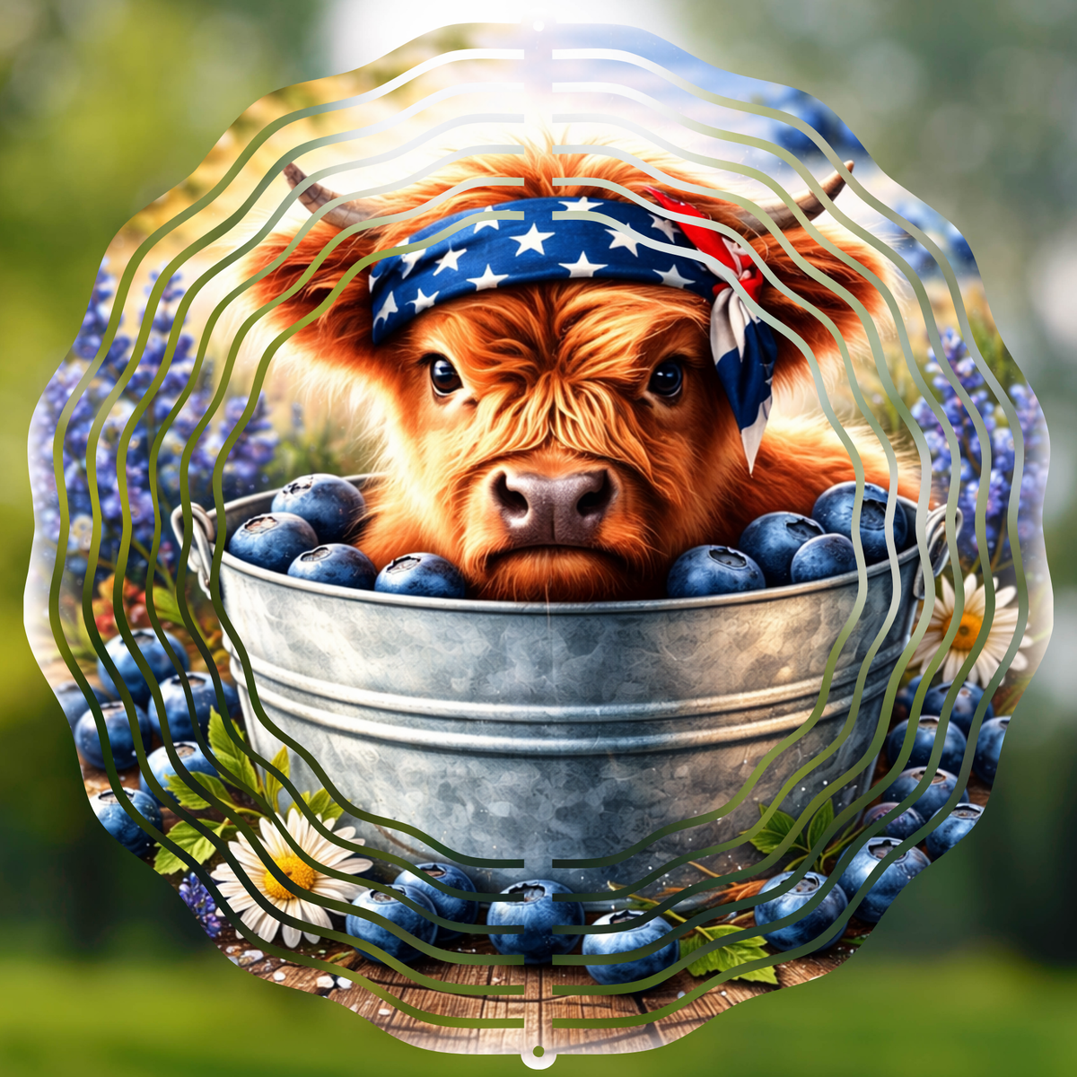 Patriotic Highland Cow & Blueberries Wind Spinner