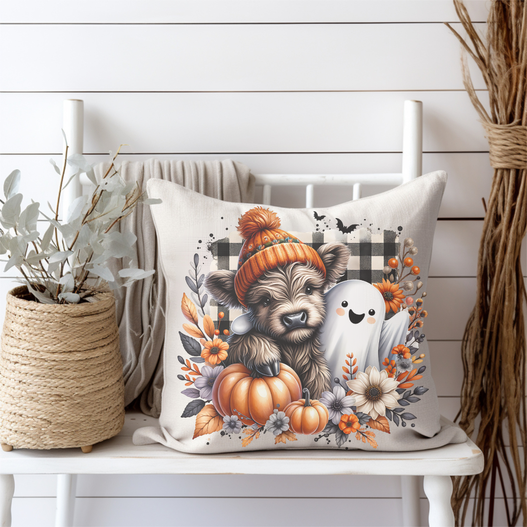 Fall Highland Cow & Ghost Pillow