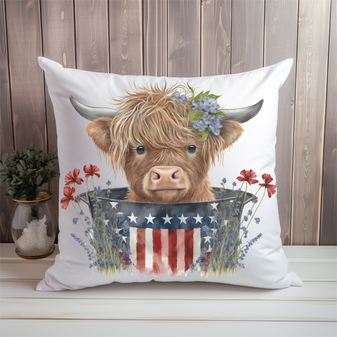Patriotic Highland Cow Decorative Pillow