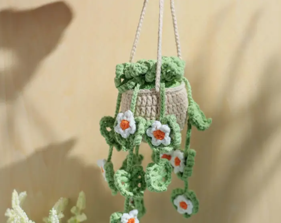 Handmade Crochet Car Plant Hanging Pendant, Cute Car Decor