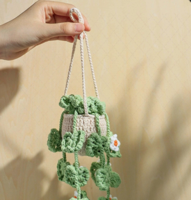 Handmade Crochet Car Plant Hanging Pendant, Cute Car Decor