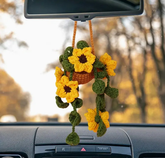 Crochet Sunflower Basket Car Hanging, Cute Car Accessories