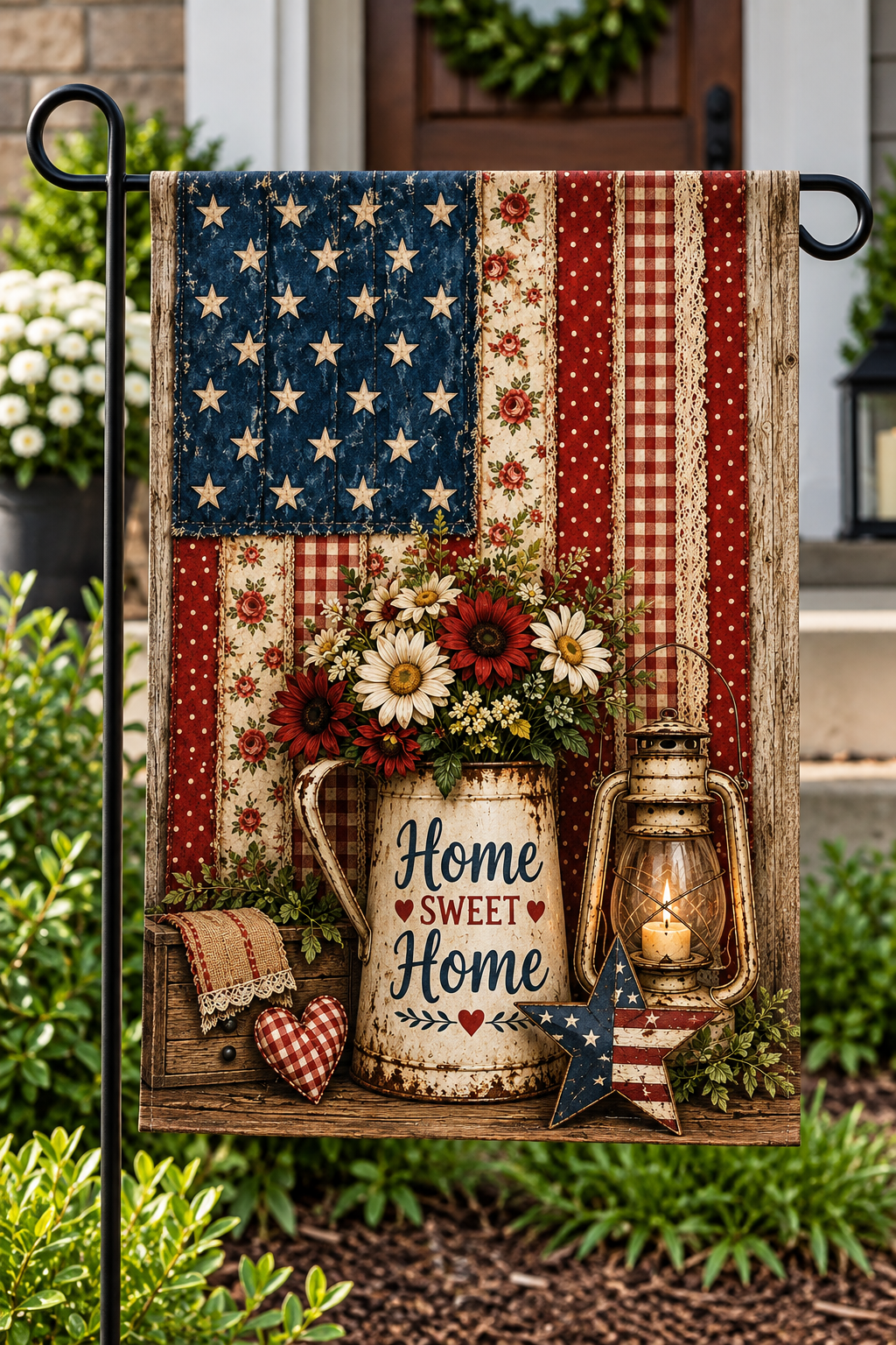 A decorative garden flag hanging on a black metal stand in a garden setting. The flag features a rustic American flag design with red, white, and blue panels, a vintage pitcher filled with flowers, a lantern, a small heart, a star, and the words 'Home Sweet Home' in script.