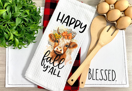 Happy Fall Y’all Highland Cow Kitchen Towel