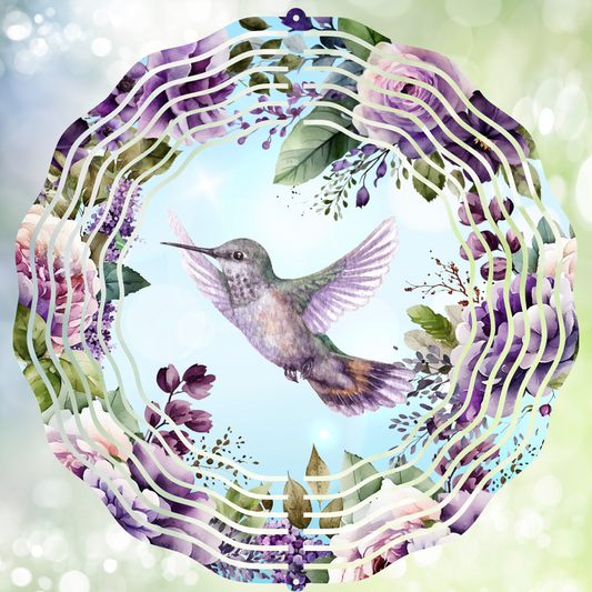 Hummingbird Wind Spinner with Purple Flowers