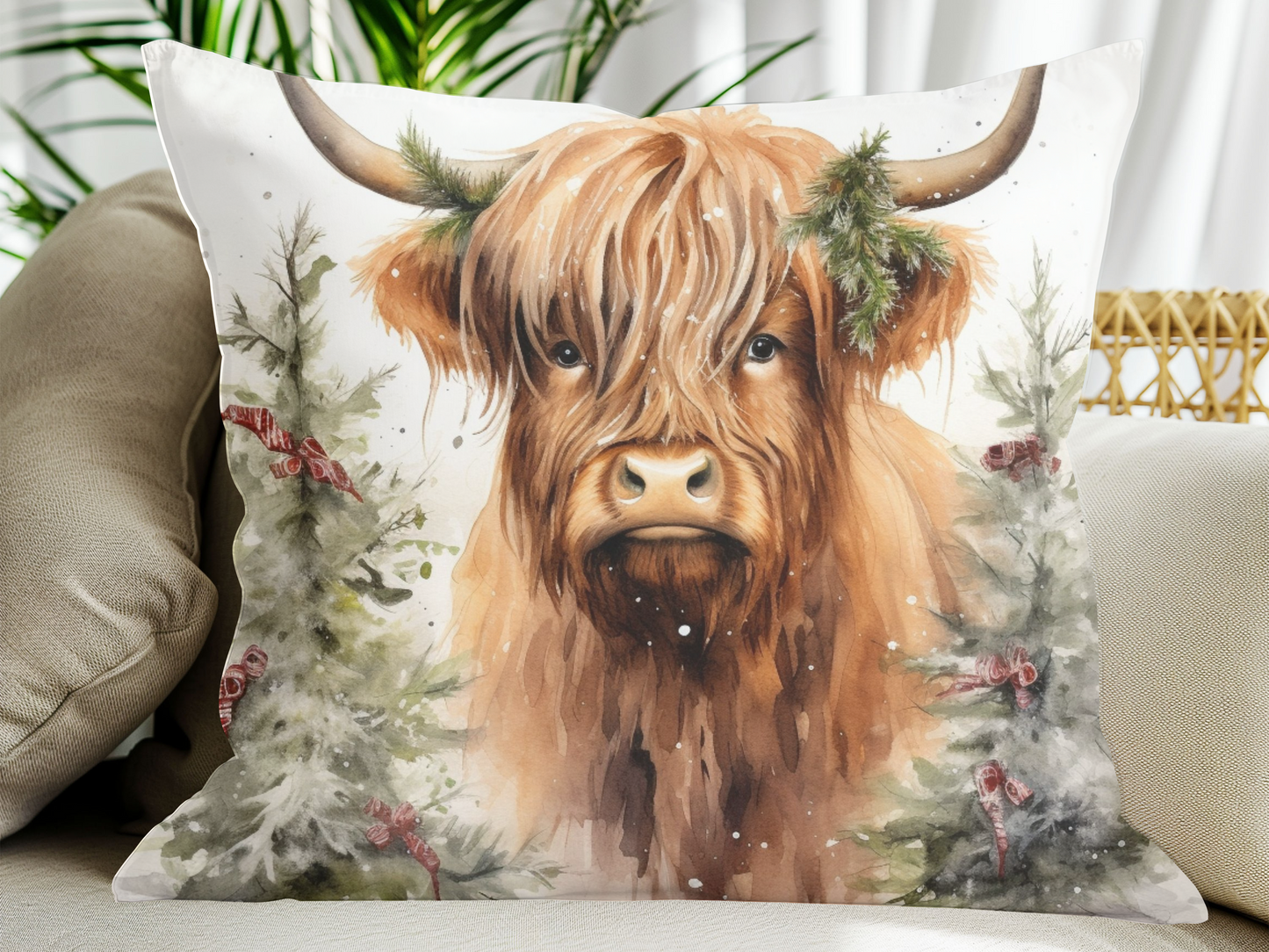 Winter highland cow pillow