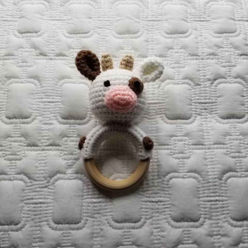 Handmade Baby Rattle Toy – Cute Cow Design with Organic Cotton & Wood Ring