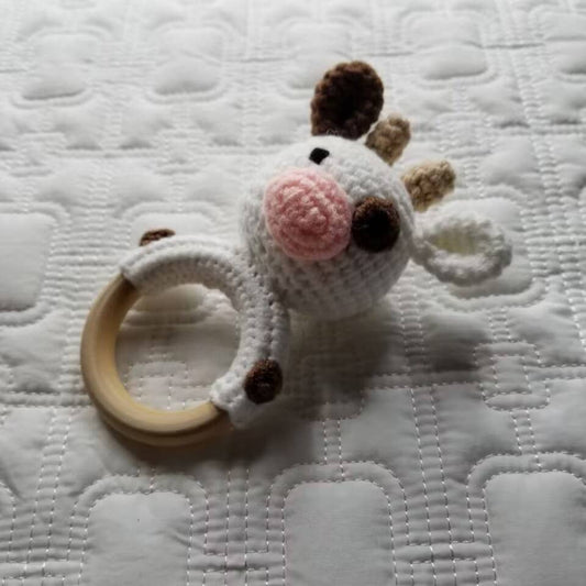 Handmade Baby Rattle Toy – Cute Cow Design with Organic Cotton & Wood Ring